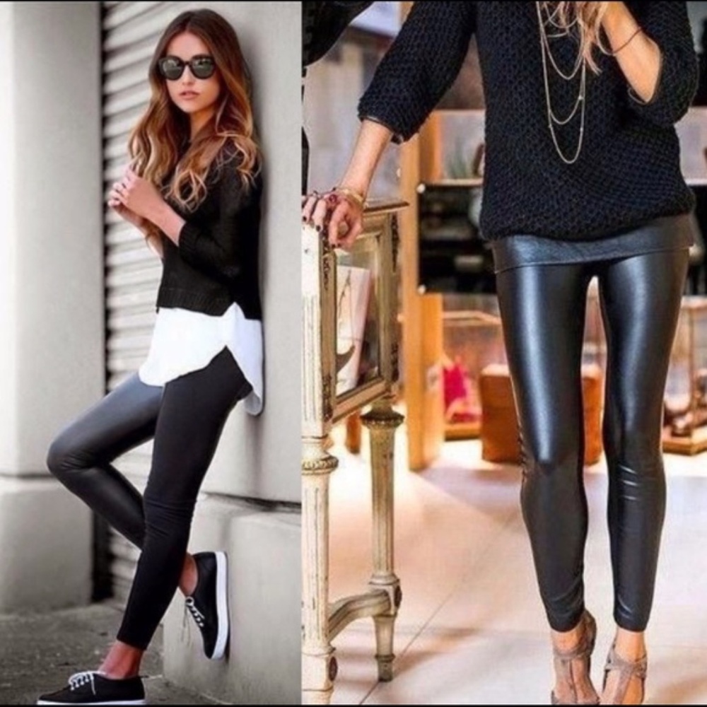 Black Vegan Leather Matte Stretchy Waist Fitted Leggings